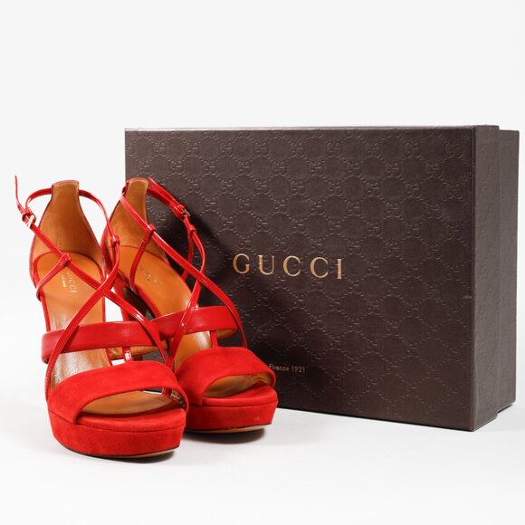 Gucci Red Suede Criss Cross Strappy Platform Sandal Pumps - Picture 11 of 11